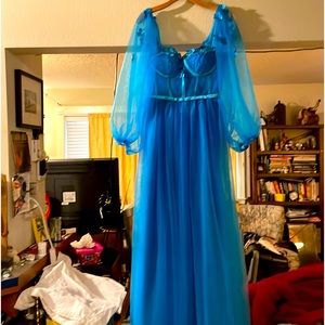 Long Tulle Sheer Corset Lantern Sleeve Princess Prom Dress size 8 & 14